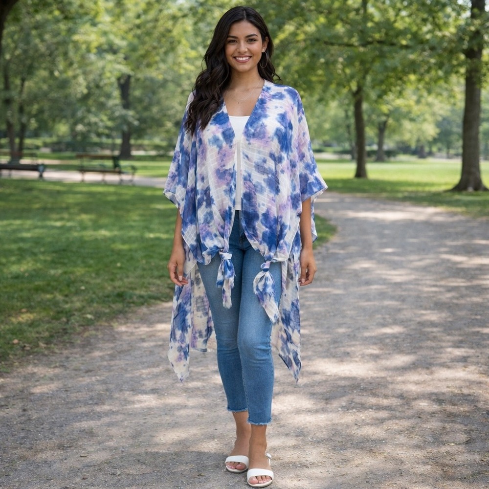 Boho Tie Dye Kimono Cover Up Beach Resort Cruise Festival Sheer Coastal Duster
